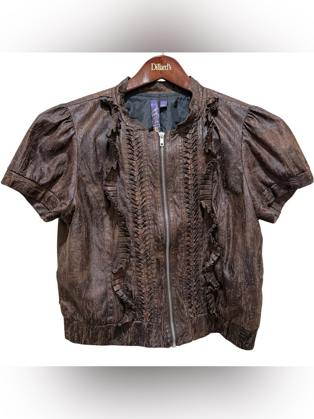 Kouture by Kimora Faux Leather Jacket Womens L Brown Y2K Vintage Ruffle